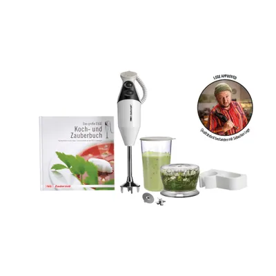 Auf weißem Hintergrund sind der Unold ESGE-Zauberstab® M160 G Gourmet Stabmixer mit Aufsätzen, ein g