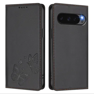 Image de Étui en cuir pour Google Pixel 11 / Pixel 11 Pro, avec motif papillon, type portefeuille rabattable avec support. Couleur : noir