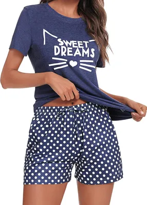 Produktbild von Kurze Damenpyjama aus Baumwolle mit Rundhalsausschnitt, kurzen Ärmeln und Kordelzug, in Marineblau