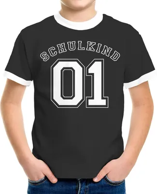 Produktbild von Kinder T-Shirt Jungen Schulkind 01 Collegestil Geschenk zur Einschulung Schulanfang Moonworks® schwarz-weiß 122-128 (7-8 Jahre)
