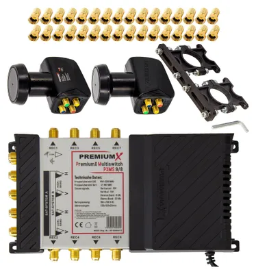 Produktbild von PremiumX Multischalter Set 9/8 SAT 2x Quattro LNB Multifeed 32x F-Stecker