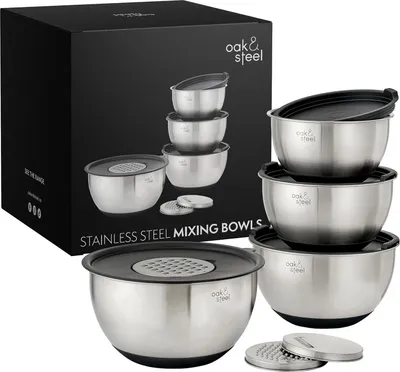 Produktbild von Famanu Mengschüssel Set - 4-teilig mit Antirutschboden - 45 l, 35 l, 25 l, 2 l - Luftdichte Deckel und Verstellbare Raspeln