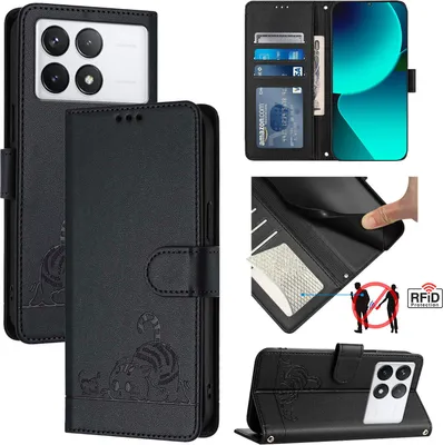 Obrázek produktu pro Kožené pouzdro pro Xiaomi Redmi K70 / K70 Pro, sladká kočka Flip pouzdro s funkcí stojánku a peněženkou černé