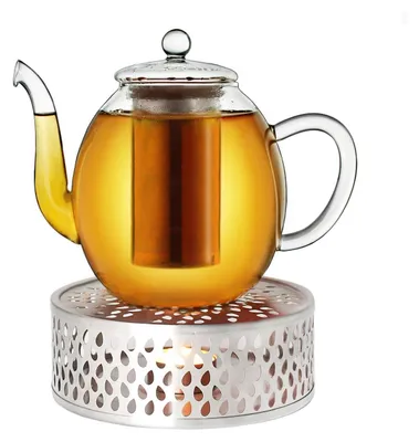 Produktbild von Creano Teekanne aus Glas 1,0l + ein Stövchen aus Edelstahl, 3-teilige Glasteekanne mit integriertem Edelstahl Sieb und Glasdeckel, ideal zur Zubereitung von losen Tees, tropffrei