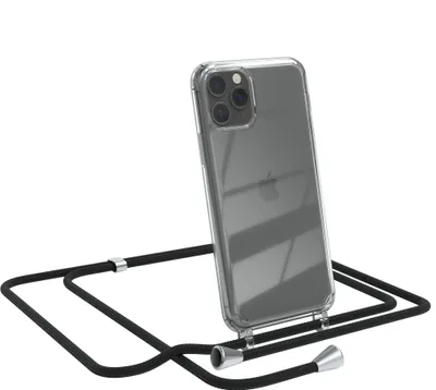 A clear phone case with a black lanyard attached, shown against a white background.