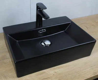 Produktbild von Keramik Waschbecken eckig 510x360x130 schwarz matt mit Überlauf Aufsatzwaschbecken Wandmontage mit Pop-Up Ablauf chrom