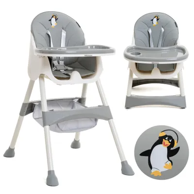 Image de Bebelissimo - Chaise haute bébé 2 en 1, Chaise haute pour enfant, Chaise bébé, Chaise haute combinée, de 6 mois à 20kg, Housse en PU, Facile à nettoyer, Plateau réglable amovible - Disco Pinguin - gray