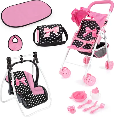 Produktbild von Bayer Design 21560AC Faltbarer Puppenbuggy mit Dach, Doppelräder, Tasche, Wickelunterlage, Wiege, Zubehör