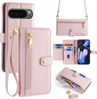 Produktbild von Handykette Google Pixel 9 Pro XL Hülle mit Band Handyhülle Kartenfächer Kunstleder Umhängetasche in Rosa