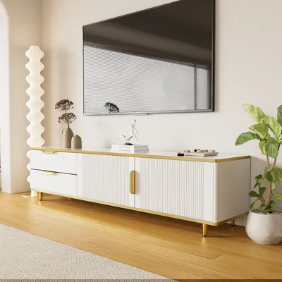 Obrázek produktu pro okwish TV skříňka, TV lowboard se 2 dveřmi a 2 zásuvkami, délka 175 cm, televizní stolek pro obývací pokoj, jídelnu a ložnici, bílá