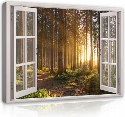 Zdjęcie produktu dla Obrazy na Płótnie Okno Obraz Las - 120x80 cm - Panorama Natura Krajobraz Nowoczesny Obraz na Płótnie XXL Iluzja Okno Kuchnia Sypialnia Pokój dzienny Wall Art Print Obraz na Płótnie Gotowy Do Powieszenia