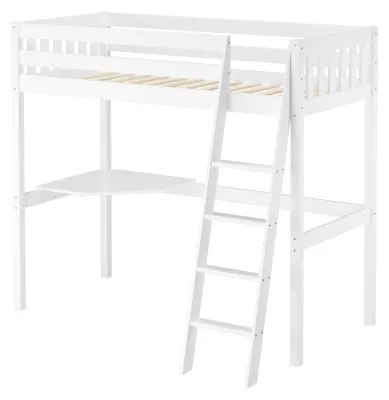 Produktbild von Kieferholzbett Hochbett Stockbett 90x200 aus Kiefer weiß Zubehör wählbar V-60.23W-09mit Rollrost und Tischplatte