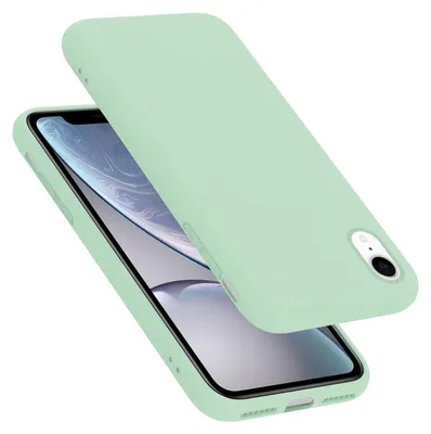 A light green silicone phone case is shown partially covering a smartphone.