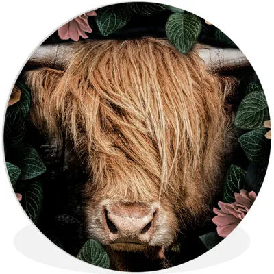 Produktbild von MuchoWow® Rundes Wandbild - Runde Bilder Schottischer Highlander - Blumen - Kuh Ø 90 cm Kreis Wanddekoration Kunststoff - Wandkreis - Wandschmuck - Wand-Kreis - Wohnzimmer - Bild - Runde - Wanddeko - Dibond - Kunstdrucke