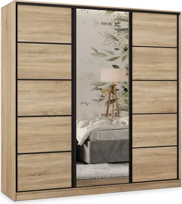 Produktbild von Masseno Schiebetürenschrank PINA 200/205/58 cm Kleiderschrank mit 4 Schubladen Schlafzimmer Schrank 3-türig mit Spiegel Sonoma Eiche