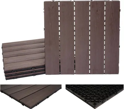 Obrázek produktu pro WPC podlahová dlaždice HWC-E20, vzhled dřeva balkon/terasa, 3D struktura lineární 4x po 50x50cm = 1m2, reliéfní tmavě hnědá