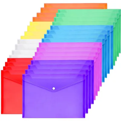 Image de Pochettes de documents format A4, lot de 32, 8 couleurs, fermeture à bouton-pression, en polypropylène