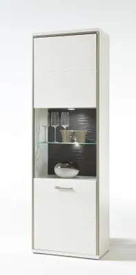 A tall, narrow white cabinet with glass shelves and a drawer, displayed against a white background.