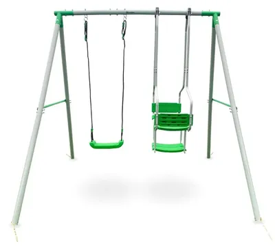 Obrázek produktu pro Zahradní houpačka pro děti - konstrukce pro 3 děti - extra velká velikost - stabilní ocelová konstrukce - pro venkovní použití - věk 6–12 let - zelená barva