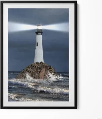 Produktbild von Leuchtturm– Wandbild mit Rahmen – Gerahmtes Bild  – Wanddekoration – 70x100 cm –  Schwarz Rahmen