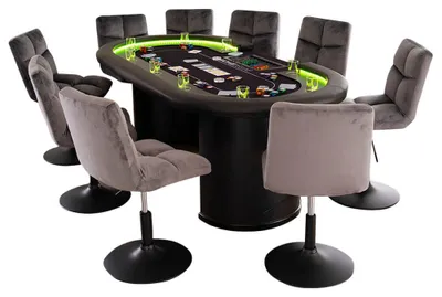 Produktbild von HOME DELUXE - Pokertisch mit 6 Stühlen DOUBLE UP - Tisch mit LED Beleuchtung u. Getränkehalter, Maße: 215 x 106 x 78 cm, Stuhlfarbe: Hellgrau I Spieltisch Poker Tisch