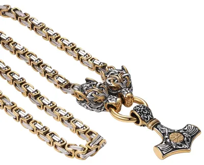 Image de Collier viking avec pendentif en forme de loup et de marteau de Thor