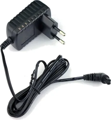 A black power adapter with a European plug and a coiled black cable with a connector.