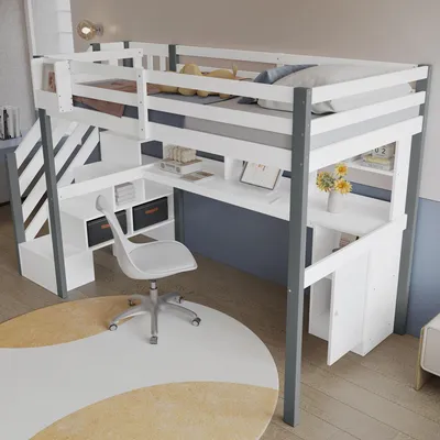 Image de OKWISH Lit Mezzanine Ado 90x200 cm - Lit avec Bureau, Étagères et Rangement, Structure en Pin et MDF, Blanc et Gris - Sans Matelas
