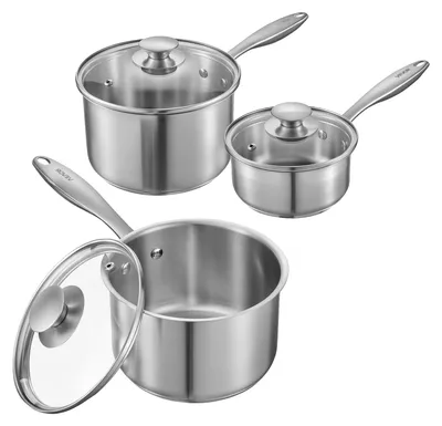 Image de VEVOR Marmite Set de saucière (0,95+1,89+2,84 L) avec couvercle en verre, Marmite à soupe Marmite à légumes avec poignée ergonomique, Pot à lait en acier inoxydable Marmite à légumes, Argent Marmite polyvalente lavable au lave-vaisselle