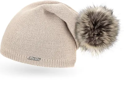 Produktbild von Damen Strickmütze mit Fell-Bommel, Strick-Beanie Bommelmütze Neverless® hell-beige unisize