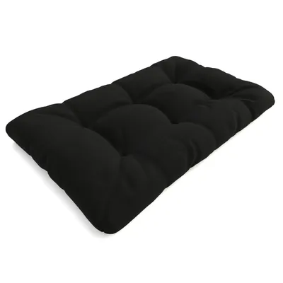 A black tufted cushion is shown on a white background.