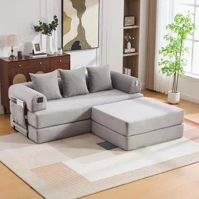 Produktbild von Modulares Cord-Kompressionssofa Hocker Seitentasche 3 Kissen 200x190x67 cm hellgrau