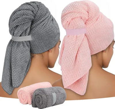 Produktbild von 2 Stück Mikrofaser Handtuch für Langes Haar/ 100 x 60 cm Premium Haarturban mit Elastischem Band/Schnell Trocknend Super Saugfähig