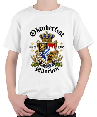 Produktbild von Bayern Wappen Löwe Krone Bier Hopfen Malz Trachtenshirt Lederhose Kinder T-Shirt, Weiß, 128