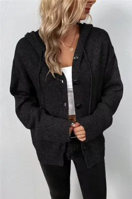 Produktbild von ASKSA Damen Langarm Grobstrickjacke Kordelzug Kurz Strickjacke Herbst Winter Strickmantel mit Kapuze, Schwarz, XL