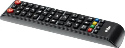 A black remote control is shown against a white background.