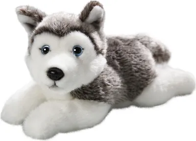 A plush toy husky dog lying down on a white background.