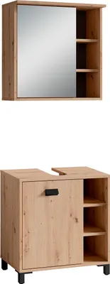 Produktbild von byLIVING Badmöbelset WELLNESS / 2-teilig / Spiegelschrank und Waschbeckenunterschrank in Artisan-Eiche-Optik / LED-Beleuchtung / Spiegel / Waschtisch / Hängeschrank / viel Stauraum