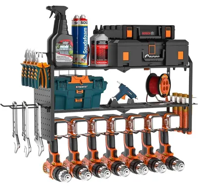 Produktbild von Werkzeugspeicher Wandhalterung für 7 Elektrowerkzeuge, 3 Ebenen, 66x31x20 cm