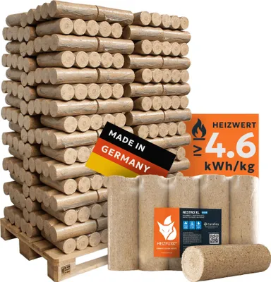 A collage of wood briquettes, a German flag sticker, and an energy efficiency label.