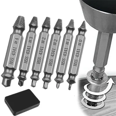 A set of screw extractors and a black case are displayed against a white background, with a close-up illustration of a screw being extracted on the right.