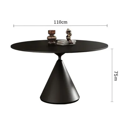 A black round dining table with a conical base, shown with decorative items on top and dimensions indicated.
