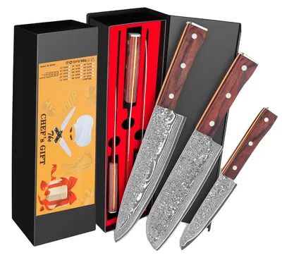 Produktbild von Küchenmesser Set, Damaststahl, Ergonomischer Griff, Drei-teilige Set