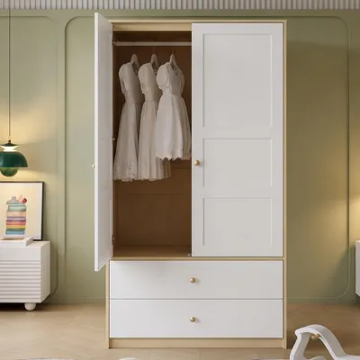 Produktbild von Flieks 2-türiger Eckkleiderschrank mit 2 Schubladen, Kleiderschrank mit Kleiderstange, Doppeltürige Gaderobe, 100x48x180 cm, Naturbelassen