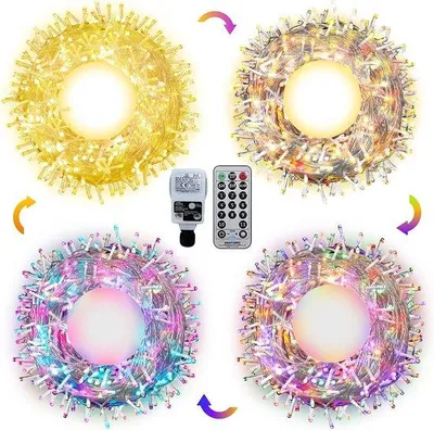 Immagine prodotto di Catena luminosa LED Unyqoos® per interni ed esterni, 30 metri (200 LED) - 4 in 1: luce bianca calda + multicolore, dimmerabile con timer e telecomando, grado di protezione IP44, cavo di alimentazione da 5 metri, spina EU