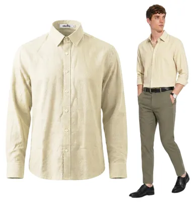 Immagine prodotto di Camicia da uomo in cotone, modello casual estivo, maniche lunghe, elegante, color beige, taglia XL