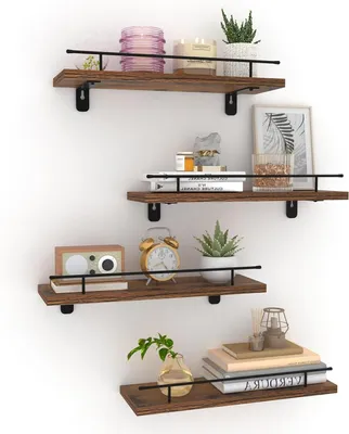 Productafbeelding van Wandplank Set van 4 - Hout en Metaal Planken voor Wandbevestiging