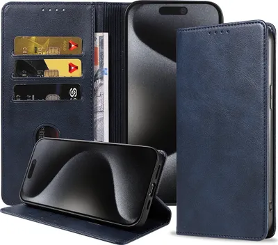 Produktbild von Smartphonica Handytasche passend für iPhone 15 Pro Kunstleder mit Magnetverschluss und Kartenhalter Buchhülle mit Klappe - Blau