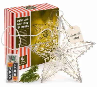 Metallstern mit 10 LEDs, 15 cm, Timer, batteriebetrieben, Weihnachtsdeko
