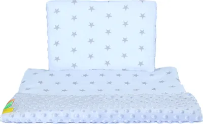Produktbild von Minky Baby Kinderwagenset Kuscheldecke Kinder Decke Kissen 50 x70 cm 32. Sterne auf Weiß + Grau